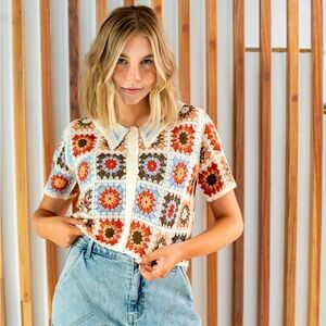 Miroh Crochet Collared Button-Up Top – Size Small